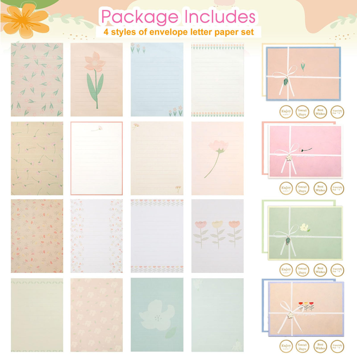 KSIWRE 48 PCS Stationery Paper and Envelopes Set,Cute Floral Stationary Set for Writing Letters,Double Sided Printing,Letter Writing Kit