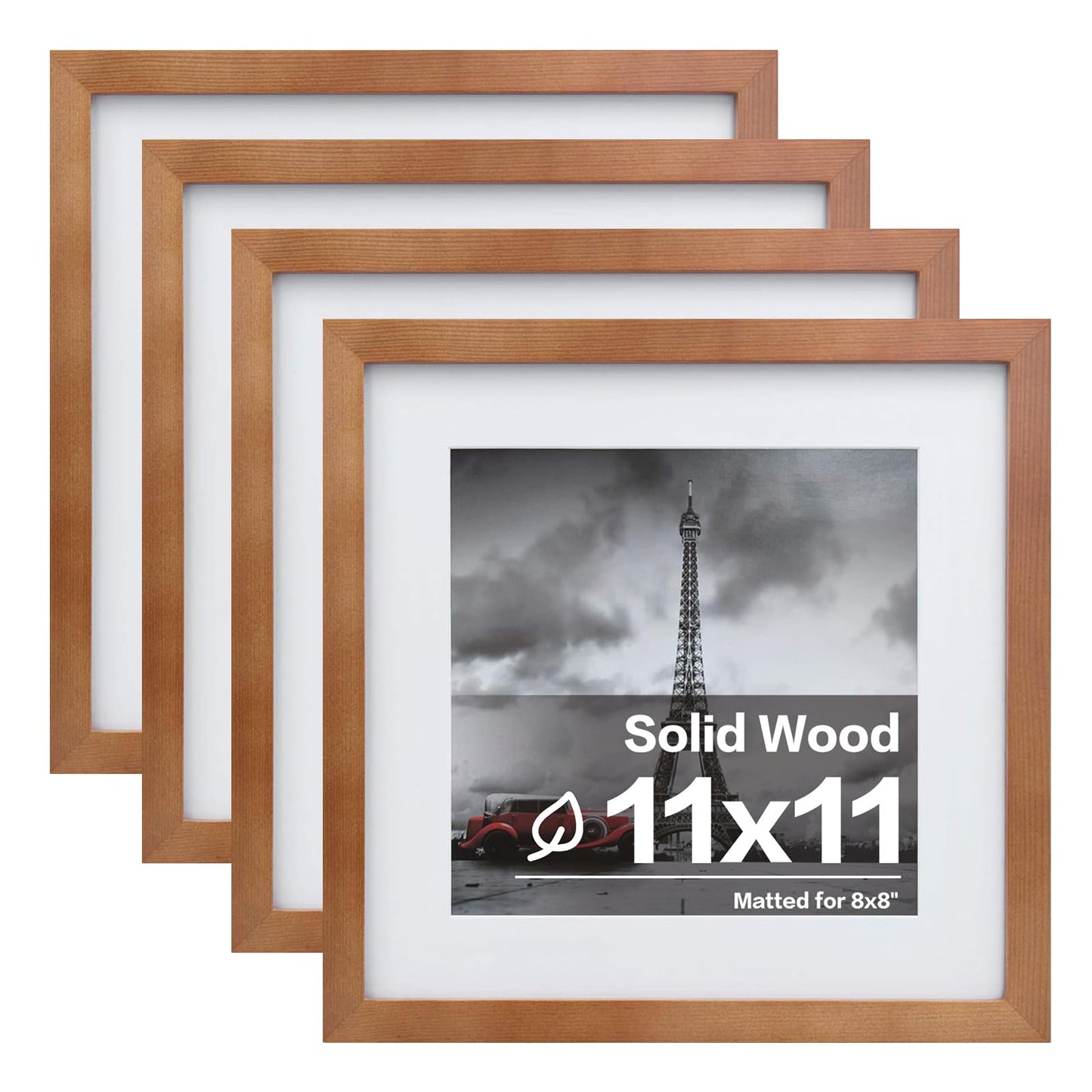 Egofine 11x11 Picture Frames 4 Pack Covered by Plexiglass, Display Pictures 8x8 with Mat or 11x11 Without Mat Made of Solid Wood for Table Top Display and Wall Mounting Photo Frame, Light Brown