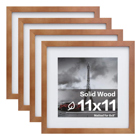 Egofine 11x11 Picture Frames 4 Pack Covered by Plexiglass, Display Pictures 8x8 with Mat or 11x11 Without Mat Made of Solid Wood for Table Top Display and Wall Mounting Photo Frame, Light Brown