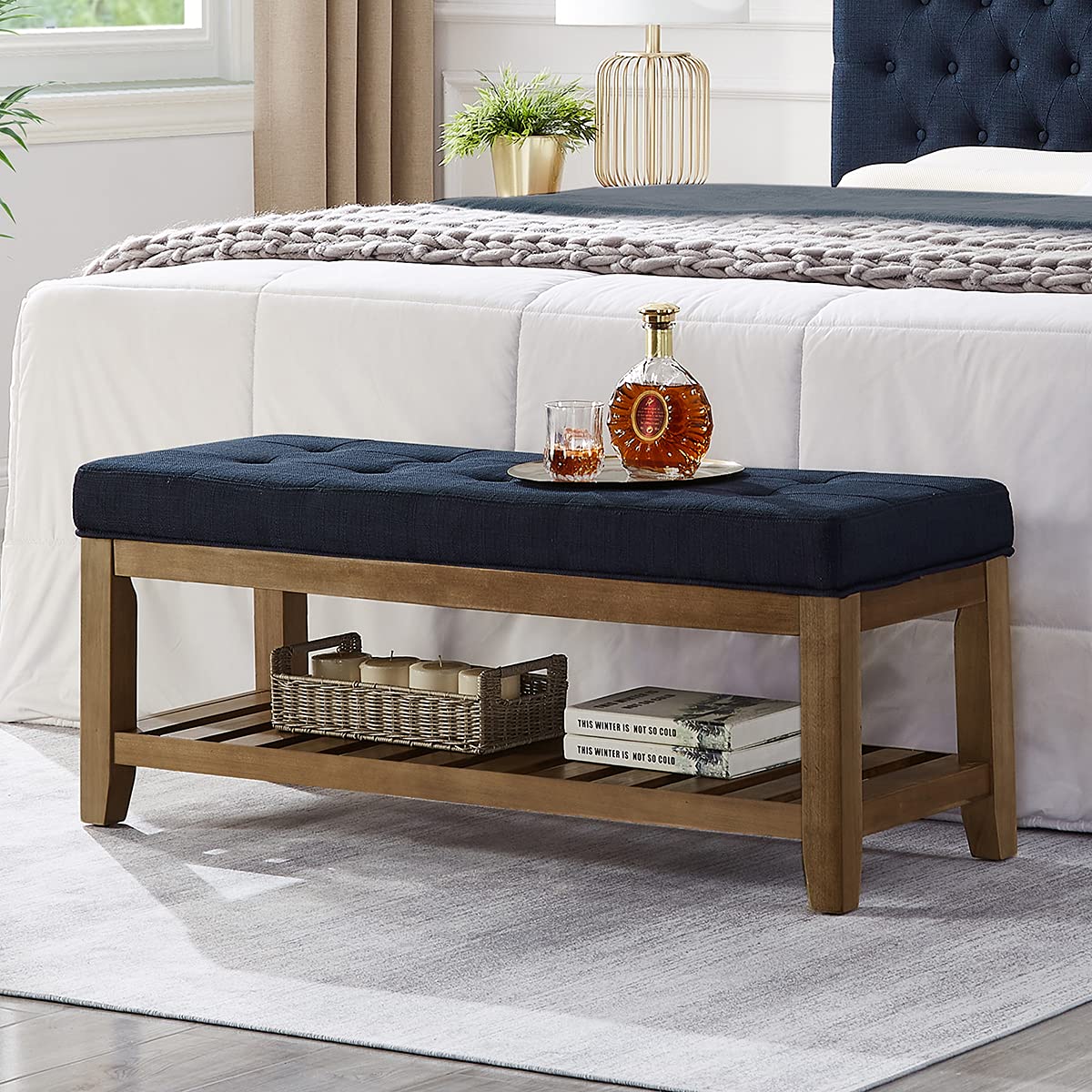 24KF Large Rectangular Upholstered Tufted Linen Fabric Ottoman Bench, Padded Bench with Solid Wood Shelf-Navy Blue