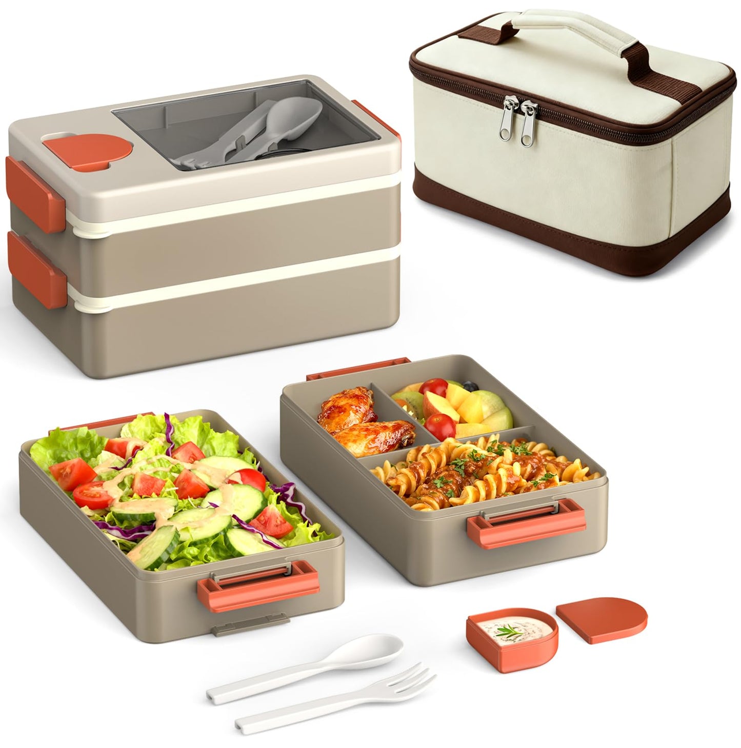 Sitlais Adult Lunch Box – Bento Box & Lunch Containers for Adults, Stackable, Leakproof, Microwave Safe, Portable Lunchbox for Work, Travel, Meal Prep, Durable & Easy to Carry (Khaki)