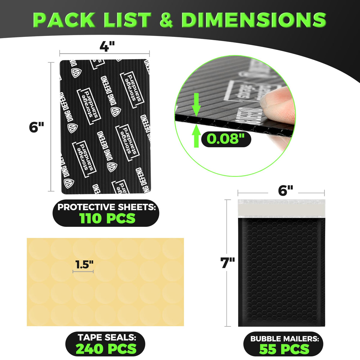 Ding Defend Trading Card Shipping Kit - Includes 110 4’’ x 6’’ Protectors, 55 Envelope Bubble Mailers, 240 Tape Seals for Slabs & Collectible Cards - Black