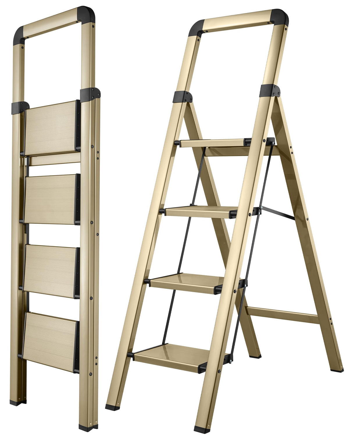 BIBKOKE Step Ladder 4-Step Champagne Gold Finish Aluminum Folding Step Ladders,Anti-Slip Max 330 lbs