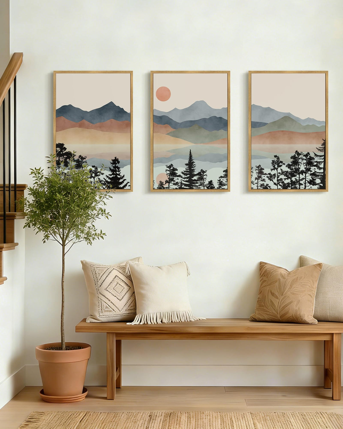 Drsoum Mountain Range Landscape Wall Art Framed Ink Wash Watercolor Nature Wall Decor Laker Sun Rises Prints Bedroom Living Room Ready to Hang 16x24in Natural Framed