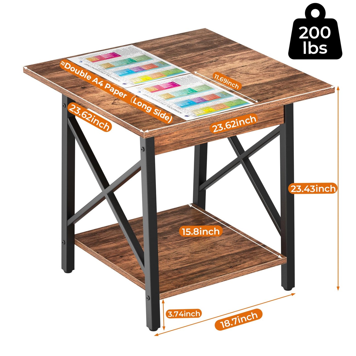 GreenForest End Table 24 inch for Living Room, Large Square Side Tables with X-Frame, Tall Industrial Bedside Nightstand with 2-Tier Storage, Rustic Walnut