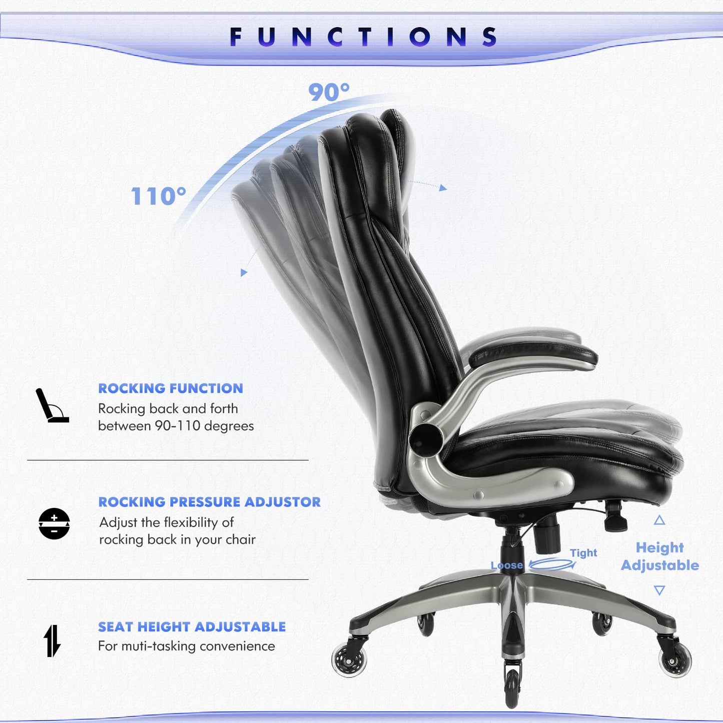 Executive Office Chair-Ergonomic Computer Desk Chair, High Back Leather Chair with Padded Flip-up Arms, Swivel Home Office Chair Upgraded Caster-Black