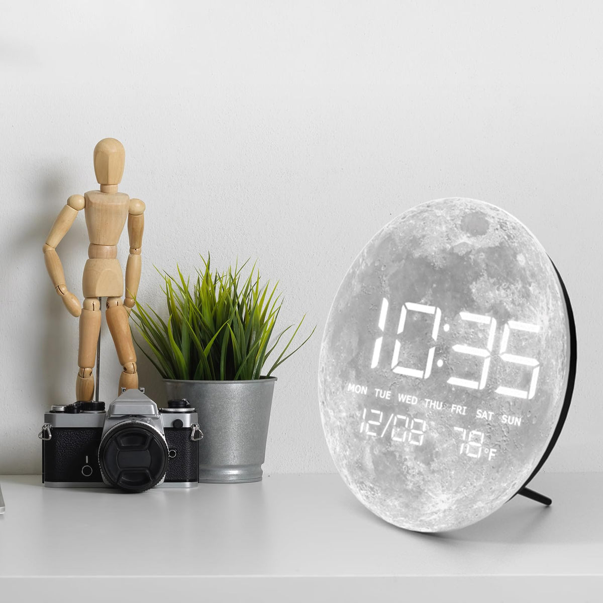 HOMLOVE Digital Desk & Shelf Clock, LED Moon/Earth Design, Temperature Display, 7.87 x 7.87 inches (Moon, 7.87 INCH)