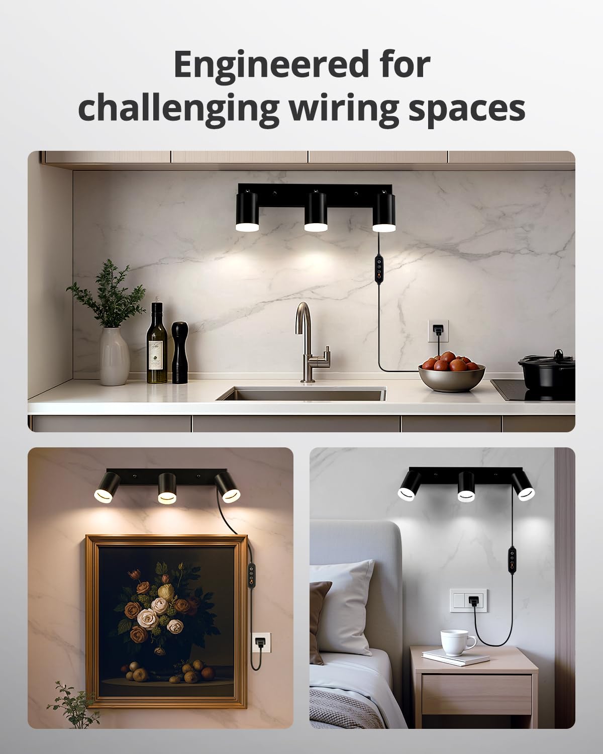 Bojim Plug in Ceiling Track Lighting with 14.3ft Power Cord for Kitchen, Dimmable LED Spotlight Wall Mounted for Sala, Black 3 Lights Fixture Removable Cup for Bedroom Farmhouse Studio, GU10 No Bulb