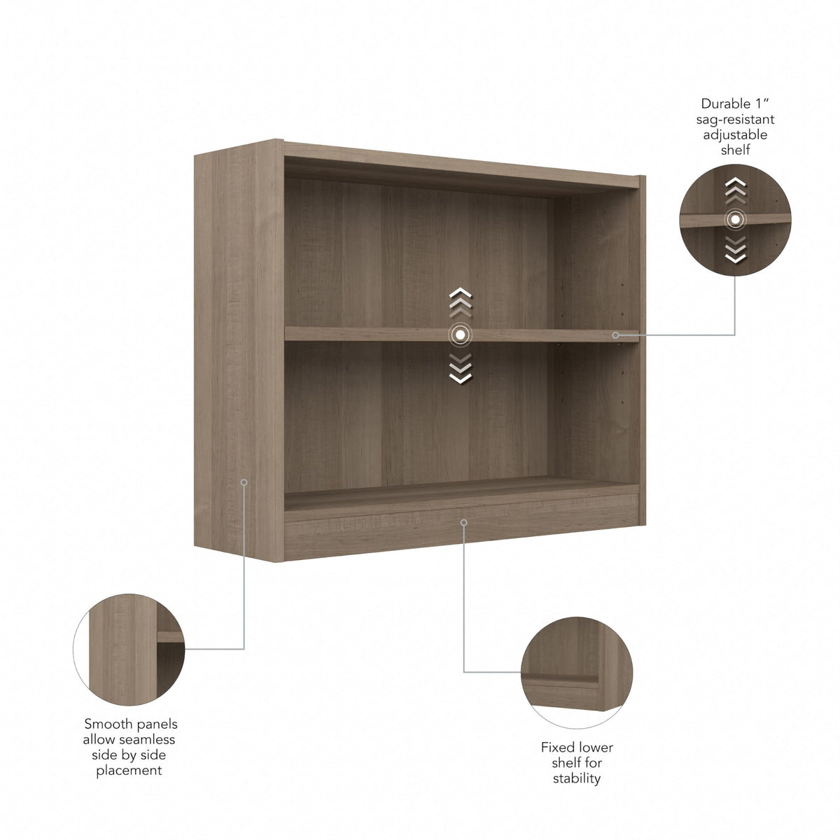 Bush Home Small 2 Shelf Bookcase, 2 Tier Bookshelf Storage Cabinet with Adjustable Shelf for Living Room, Bedroom or Home Office, Universal Collection, Ash Gray