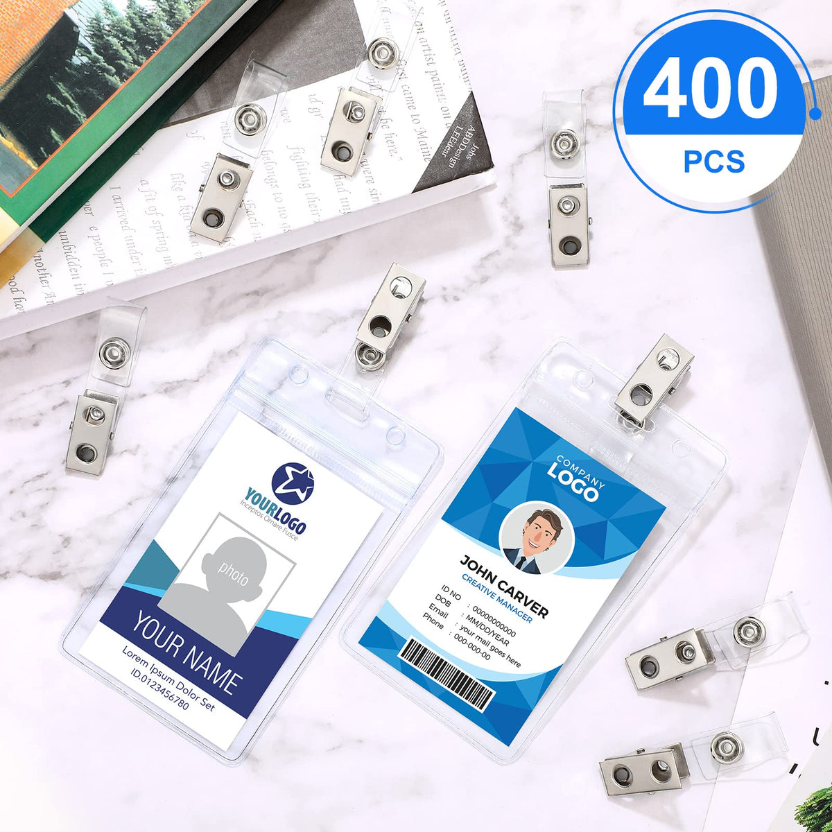 Marspark 400 Pack Metal Badge Clips with PVC Straps Double Hole ID Badge Clips for Name Tag ID Cards Holders, Office Supplies(Silver)