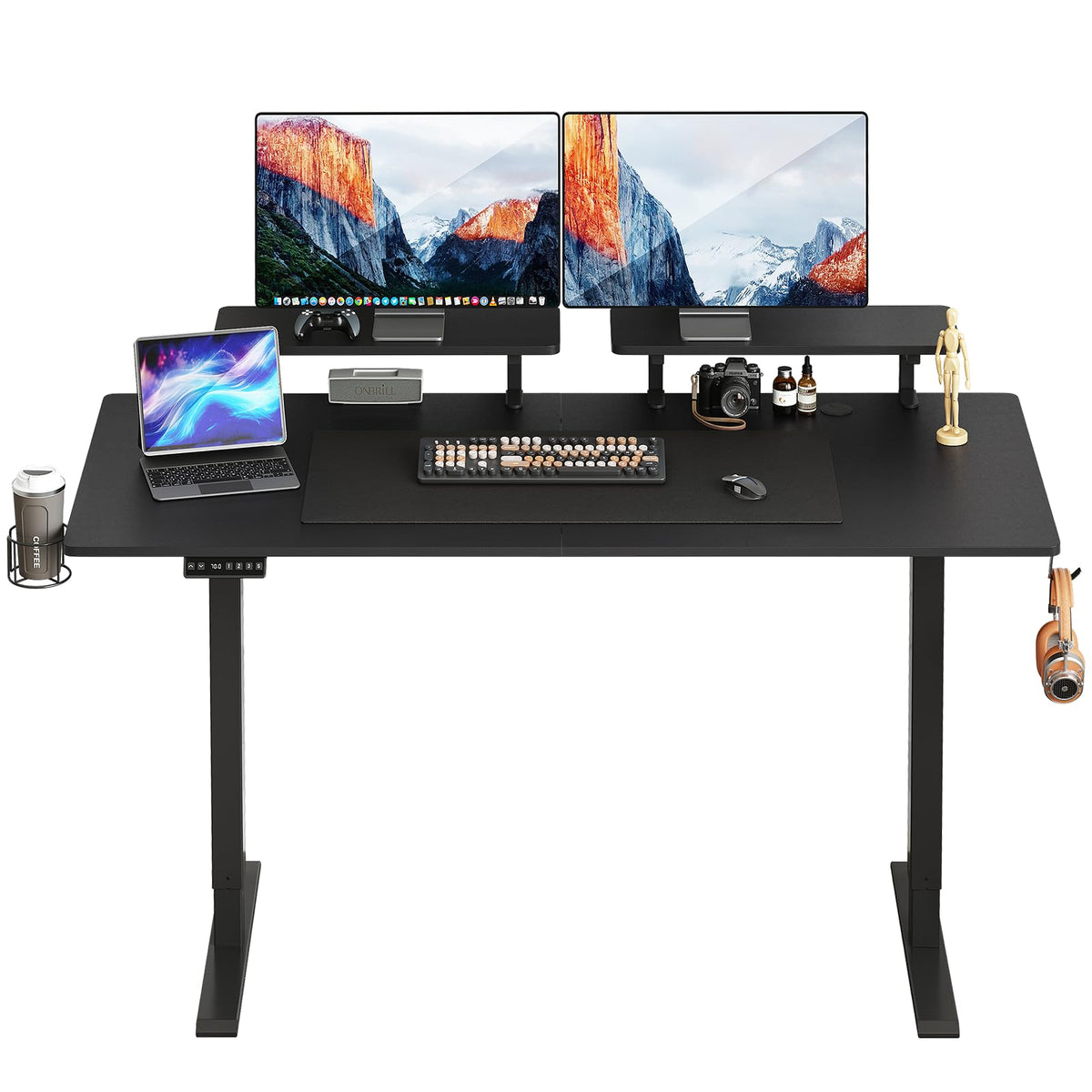 ONBRILL Standing Desk with 2 Adjustable Monitor Shelves, 63 x 24 Inches Electric Stand Up Desk with Memory Controller and Adjustable Height from 28-46 inches for Computer Workstations, All Black