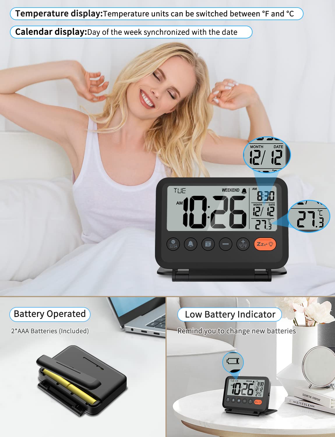MeesMeek Digital Travel Alarm Clock, Black, 3.54 inch LCD Display, 9-Minute Snooze, 2 Volume Levels, Backlight, Battery Included