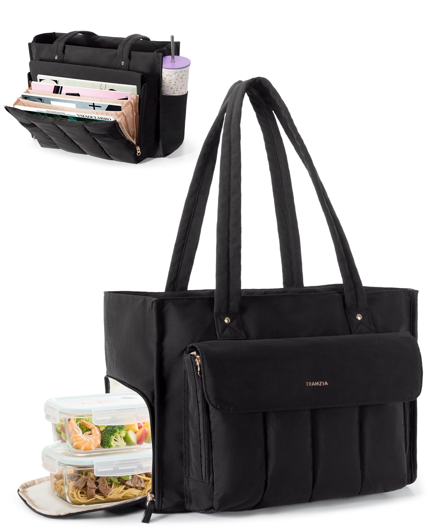 Trahzia Teacher Tote Bag with Lunch Compartment and Accordion Organizer, Insulated Work Lunch Bag Fits for 15.6” Laptop for Women, Black