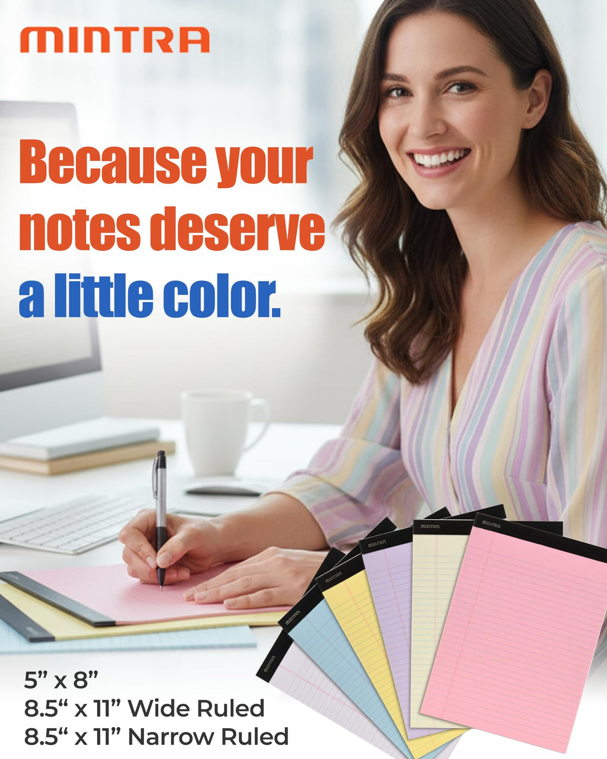 Mintra Office Colorful Legal Pads - Includes 2 Blue, 2 Pink, and, 2 Green Writing Pads, Micro Perforated Lined Sheets, Ideal for Professional & Personal Use, 5"x8" Narrow Ruled, 6 pack Pastel Set 2
