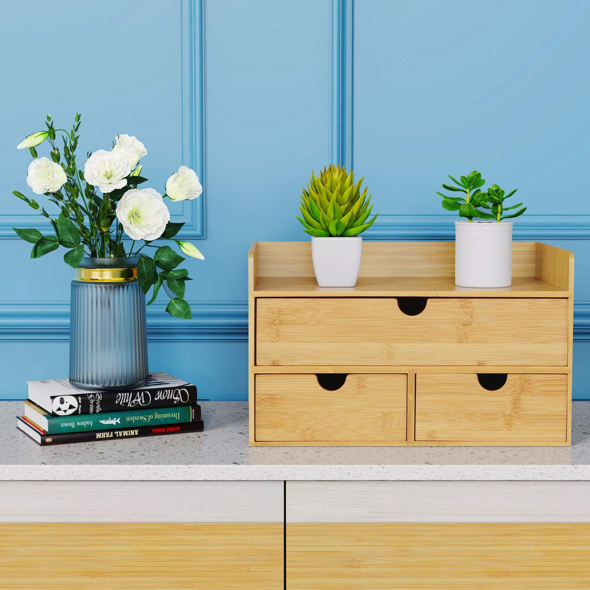 Desk Organizer with Drawers - Bamboo Desktop Organizers Storage | Wood Makeup Organizer for Bills, Office Supplies, Cosmetics, Seals, Kitchen Utensils, No Assembly Required