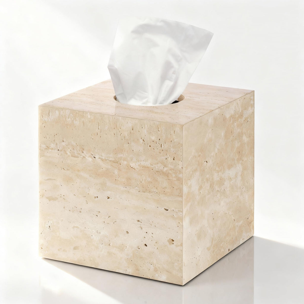 N NANSHOP Natural Travertine Marble Tissue Box Holder Cover, Square Cube Tissue Box Holder with Open Bottom for Bathroom Vanity Tops, Bedroom Dressers, Kitchen Countertop, Travertine Beige(NS022)