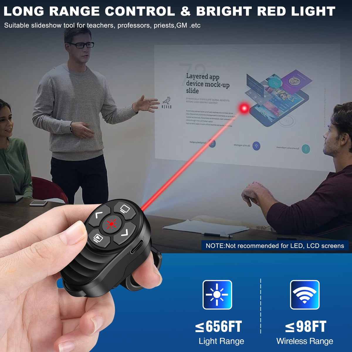 2 in 1 Presentation Clicker with Laser Pointer Finger Ring Clicker Rechargeable Presentation Clicker Long Distance PPT Clicker Remote Wireless Clicker Laser Pointer for Classroom Teacher Projector