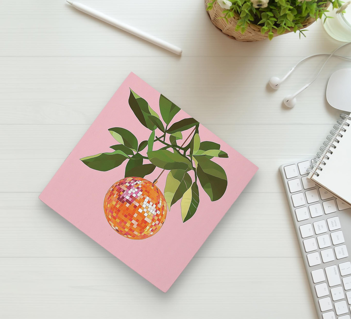 Ku-Dayi Preppy Orange Disco Ball Wooden Box Sign, Funky Disco Ball Wood Box Decorations for Girls Room Home Office, Pink Fruit Mirror Balls Wooden Block Plaque Desk Shelf Decor 5x5 Inch