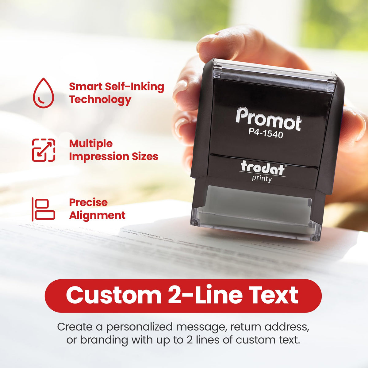 Promot Self Inking 2 Line Custom Stamp - Personalized Name Stamp for Office, Teacher, Address & Business Label Stamp - Choose Font, Ink Color, Pad, for Personal & Professional Use - Small