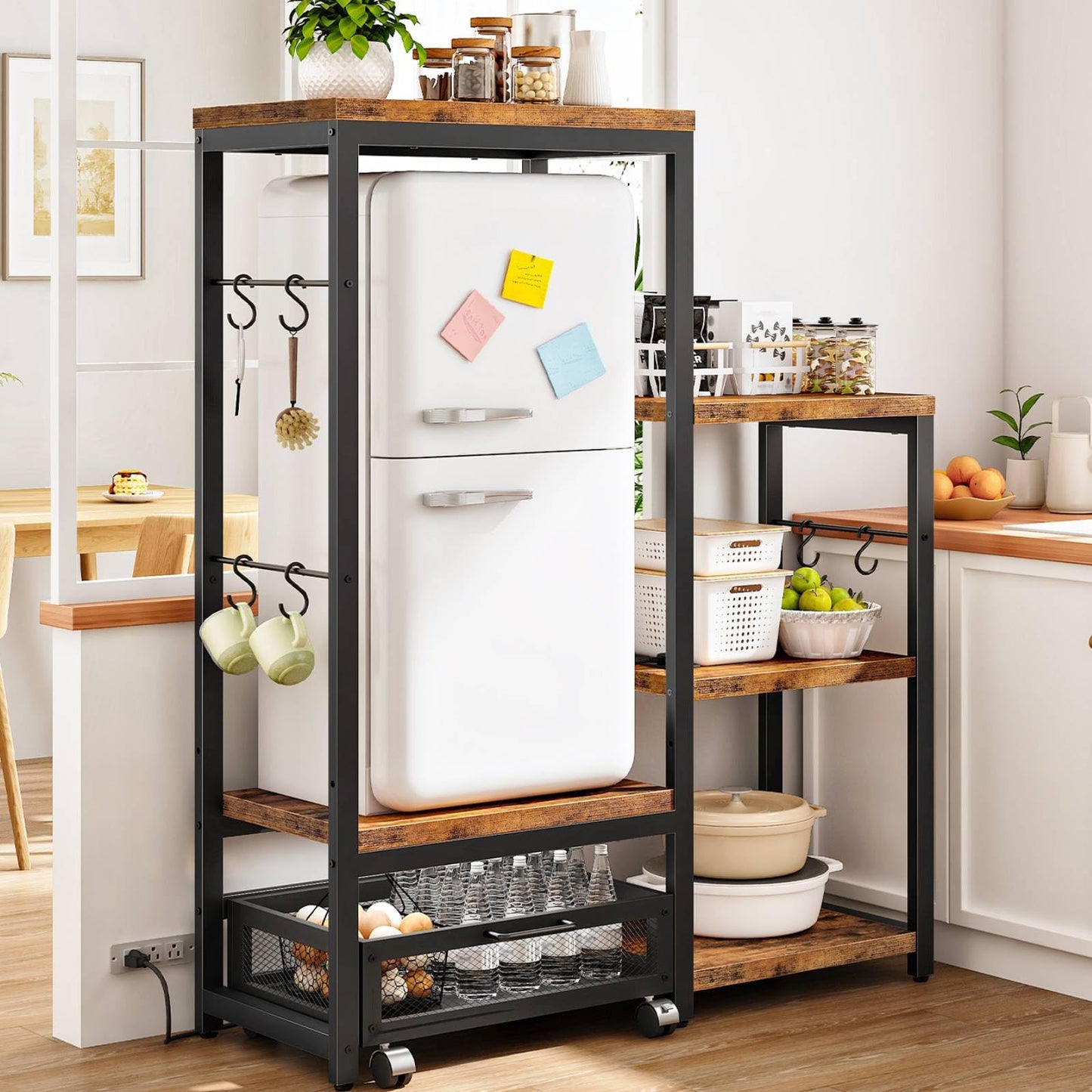 HOOBRO Bakers Rack with Mini Fridge Stand, Microwave Stand with Movable Basket, 3-Tiers Coffee Bar Station with Power Outlet, Kitchen Storage Shelf for Kitchen, Dorm, Rustic Brown and Black BF38UHB01