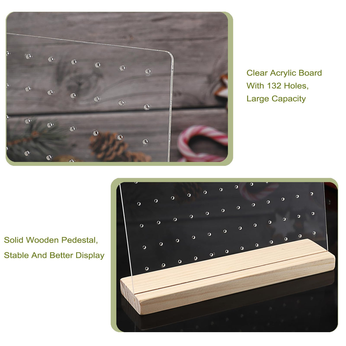 JUXYES Pack of 2 Clear Acrylic Enamel Pin Display Stand with Wooden Base. Tabletop Pin Organizer Display Storage Stand. Hold Up To 132 Pins
