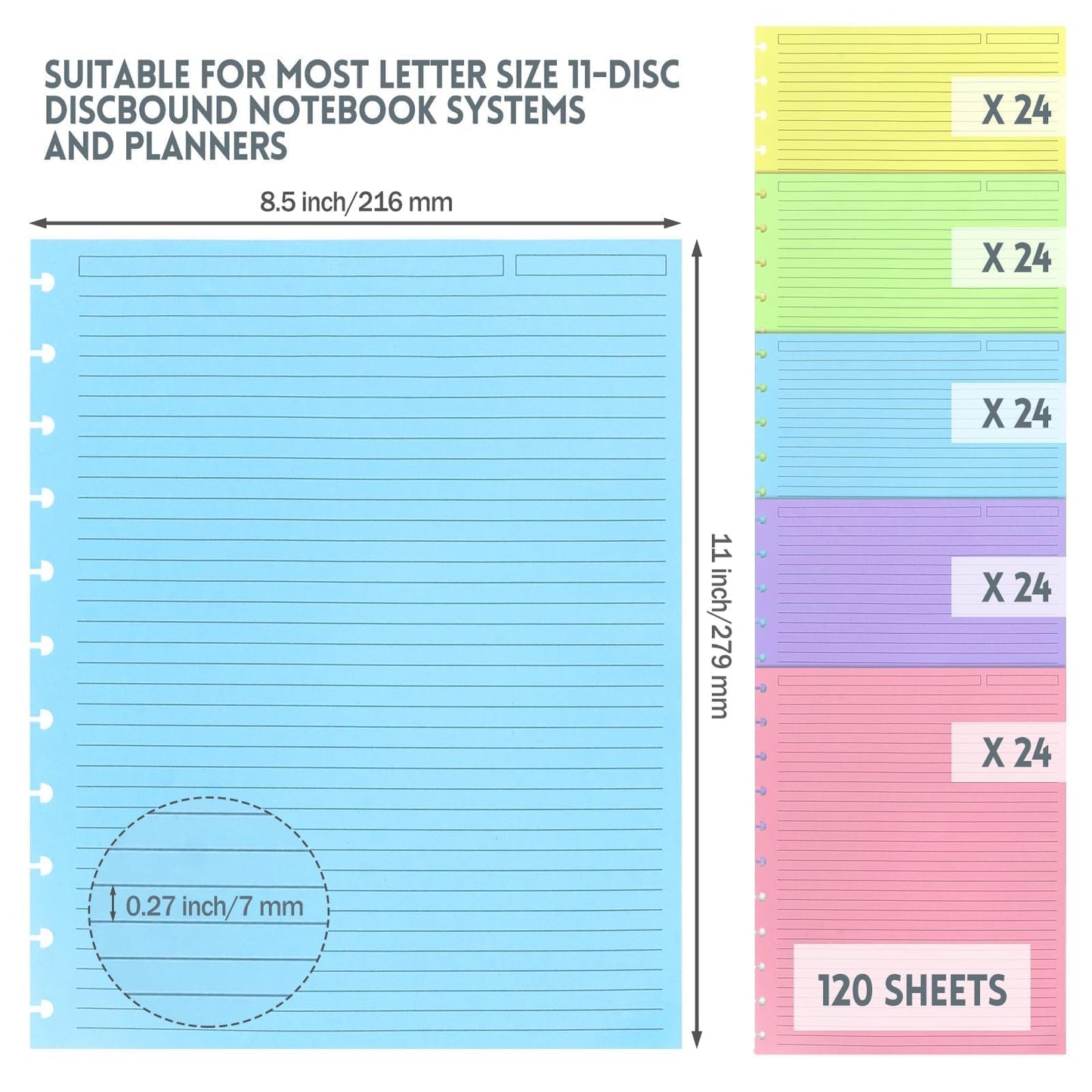 Discbound Refill Paper 120 Sheets, 8.5" x 11" Letter Size 11-Disc Planner Inserts for Note-Taking System, College Ruled, 5 Colors, 120gsm Refills Compatible with TUL/ARC/Notebook