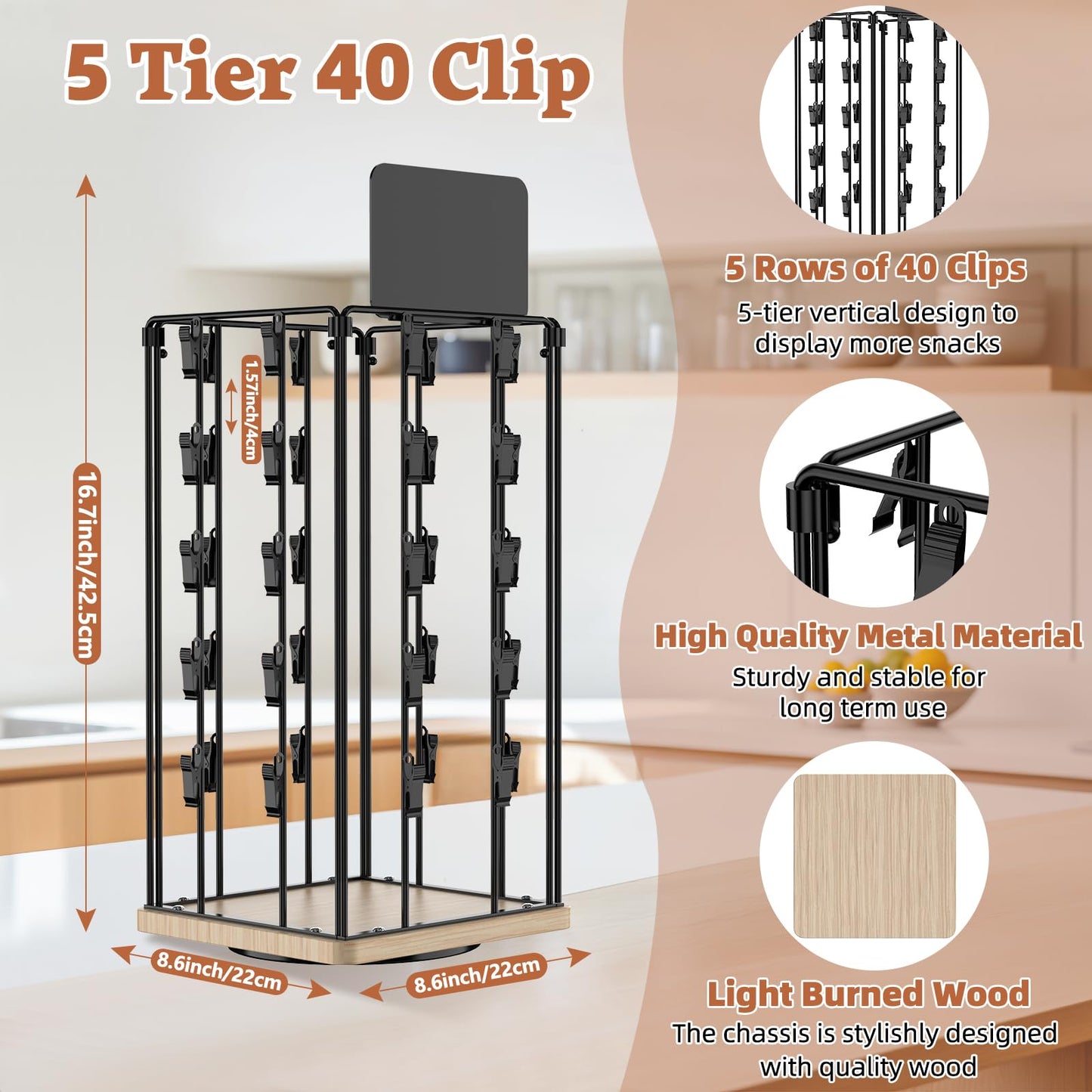 OFUSUY Chip Rack Display Stand, 5 Tiers 40 Clips Display Stand, 360°Rotating Wooden Base Chip Bag Holder for Concession Stand, Snack Organizer for Christmas Party, Retail, with Message Board