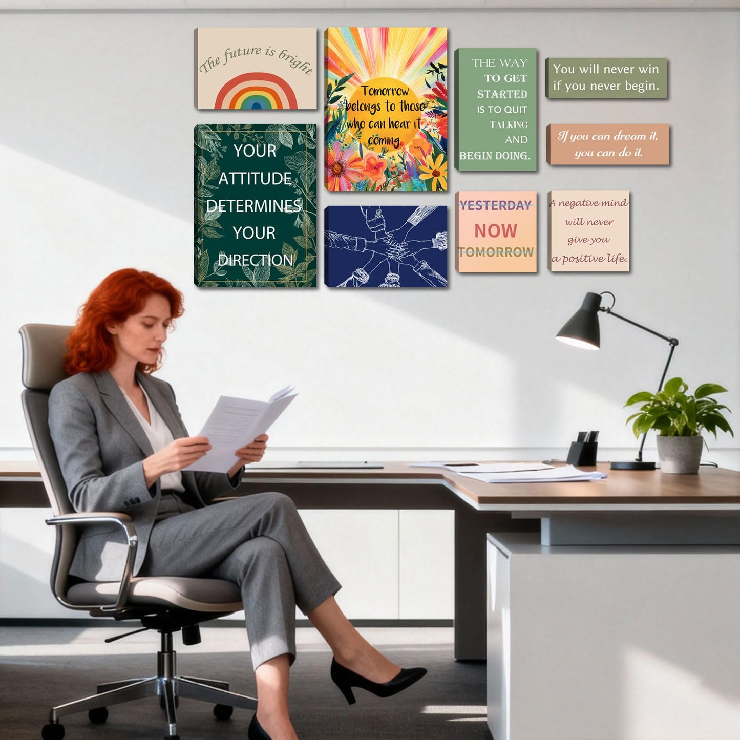 Halioyo Motivational Office Wall Art Set of 9, Women Inspirational Canvas Prints for Workplace, Positive Affirmations Wall Decor for Lobby Reception Study Room, Ready to Hang