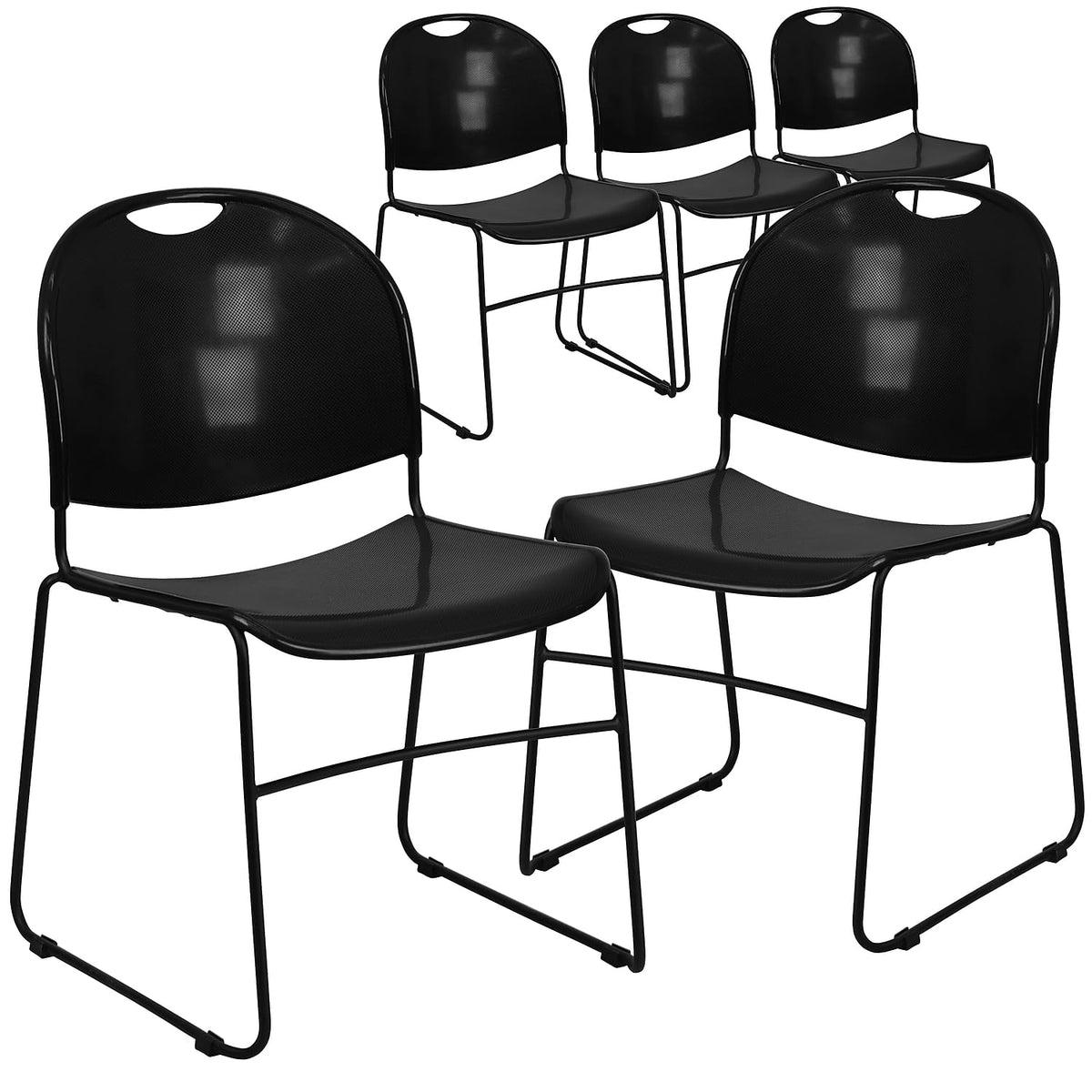 Flash Furniture Hercules Series Ultra-Compact Plastic Stacking Event/Waiting Room Chairs, Ergonomic Lobby Chairs with Contoured Seats, Set of 5, Black