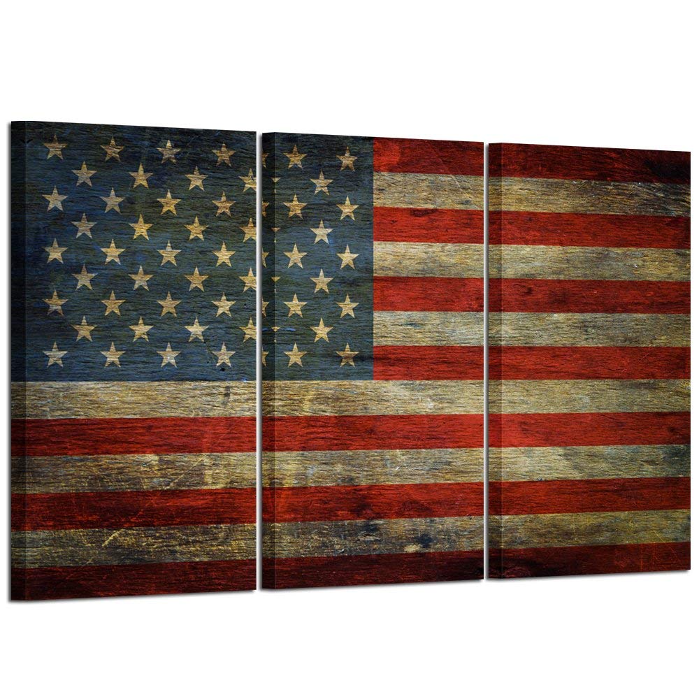 KREATIVE ARTS - 3 Panel Retro America Flag Canvas Wall Art Honored Nation Symbol Picture Framed and Stretched USA Flag Canvas Print Wall Decor for Office Decoration