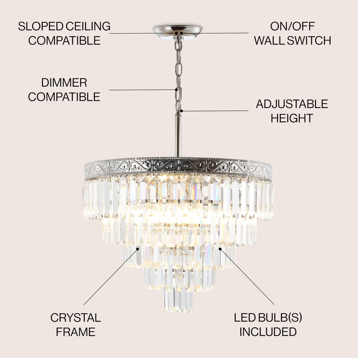 JONATHAN Y 20" Polished Nickel/Clear 4-Light LED Chandelier, Modern Tiered Pendant Light Fixture for Dining Room, Bedroom, Entryway with Clear Faceted Crystal Shade (JYL9007A)
