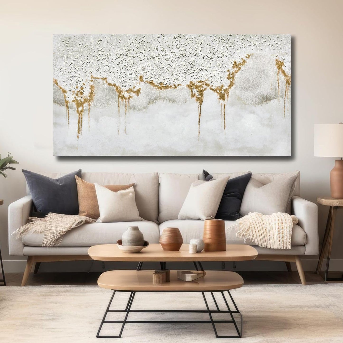TRAIN2 ART Textured Abstract Glitter Artwork Canvas Wall Art, White Acrylic Painting and Gold Foil Oil Painting Wall Art on Canvas for Living Room Decor Gold and Gray (Gold, 24X48inch)