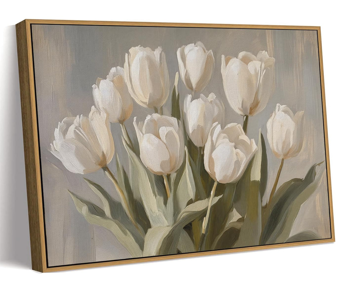 MTFBWY Vintage Tulip Wall Art, Sturdy Framed Botanical Still Life Canvas Print, Antique Flower Oil Painting Artwork for Kitchen Bedroom Office, 8x10 Inch Small Framed Canvas Art
