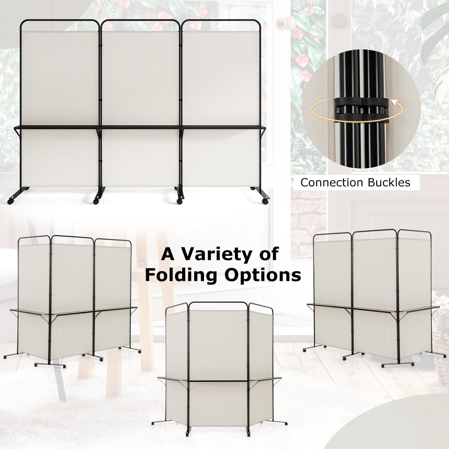 Giantex 3 Panel Room Divider with Wheels and Shelves, 103" W x 74" H Folding Privacy Screen, Rolling Partition Separator for Home Office Studio, Fabric Wall Divider for Room Separation (Beige)
