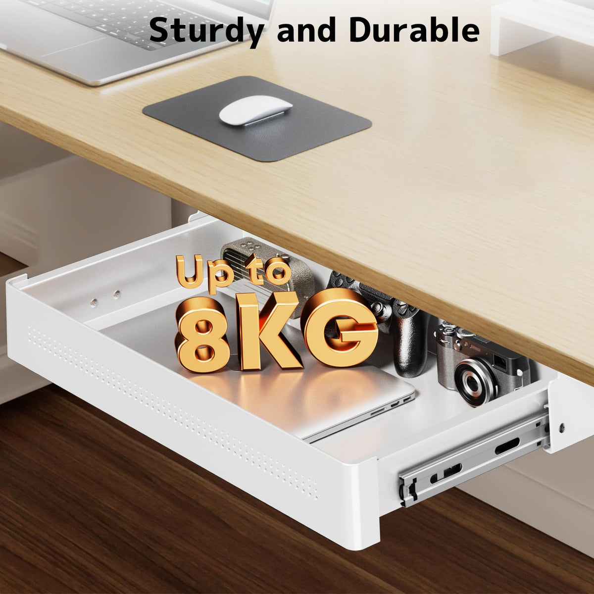 PUTORSEN Under Desk Storage Drawer 15.74" Wide - Smooth Slide Out Organizer for Standing Desk & Home Office,Max Load 17.6 lbs,Quiet Glide, White