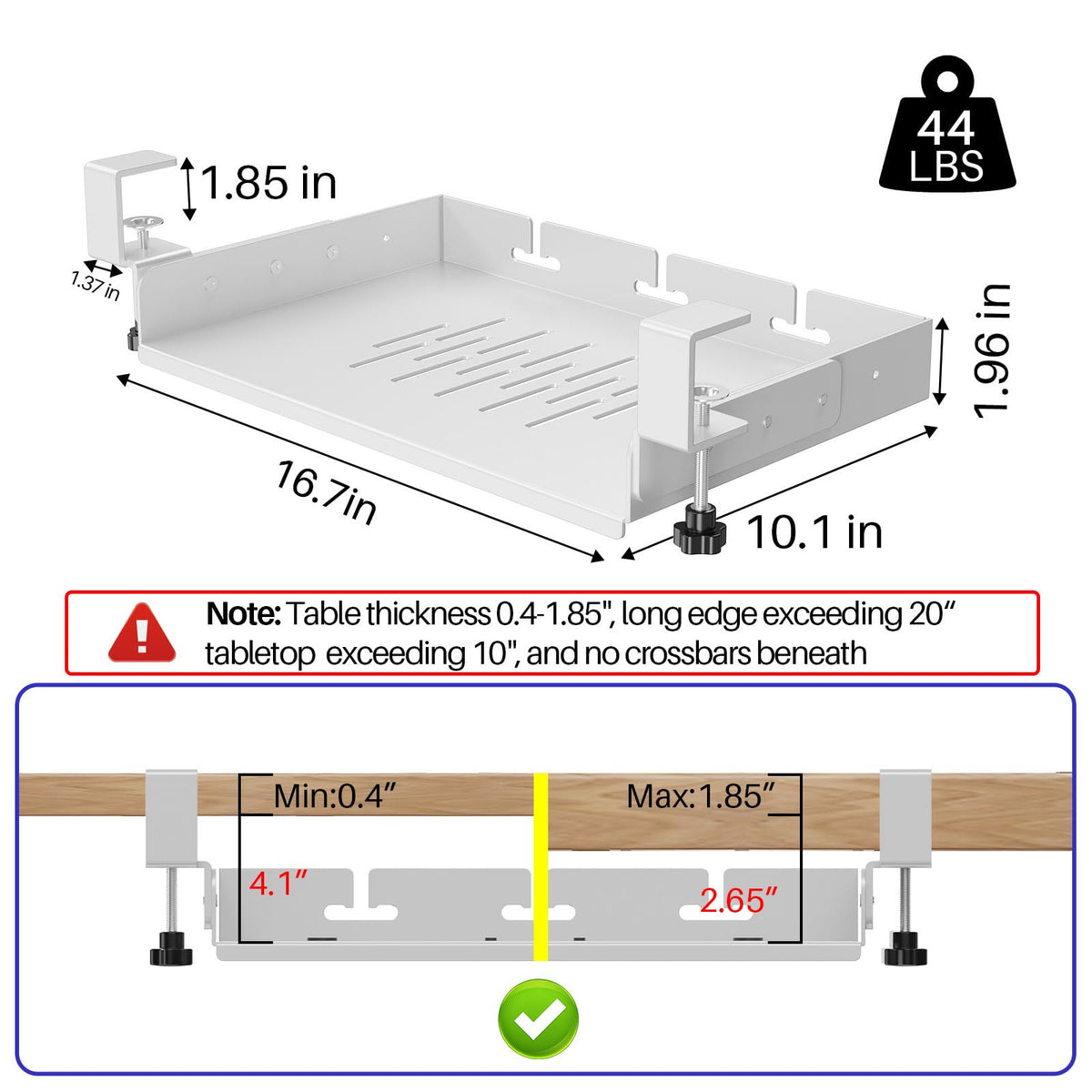 BYMECOST No Drill Under Desk Storage Shelf, Metal Under Desk Drawer Organizer with Clamp, Mount Under Desk Shelf Adds Tray, Desk Drawer for Office Desks, Table, Gaming Desk, Workstations (White)