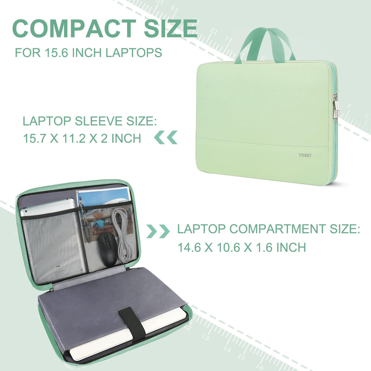 Ytonet Laptop Case, 15.6 inch Laptop Sleeve with Handle, TSA Water Resistant Computer Carrying Case Compatible for MacBook, HP, Dell, Lenovo, Asus Notebook, Gifts for Men Women, Mint Green