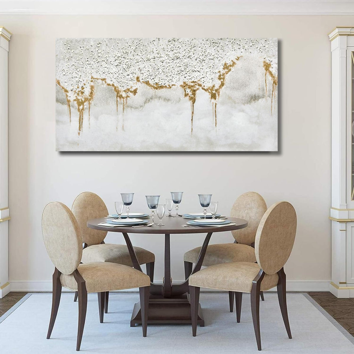 TRAIN2 ART Textured Abstract Glitter Artwork Canvas Wall Art, White Acrylic Painting and Gold Foil Oil Painting Wall Art on Canvas for Living Room Decor Gold and Gray (Gold, 24X48inch)
