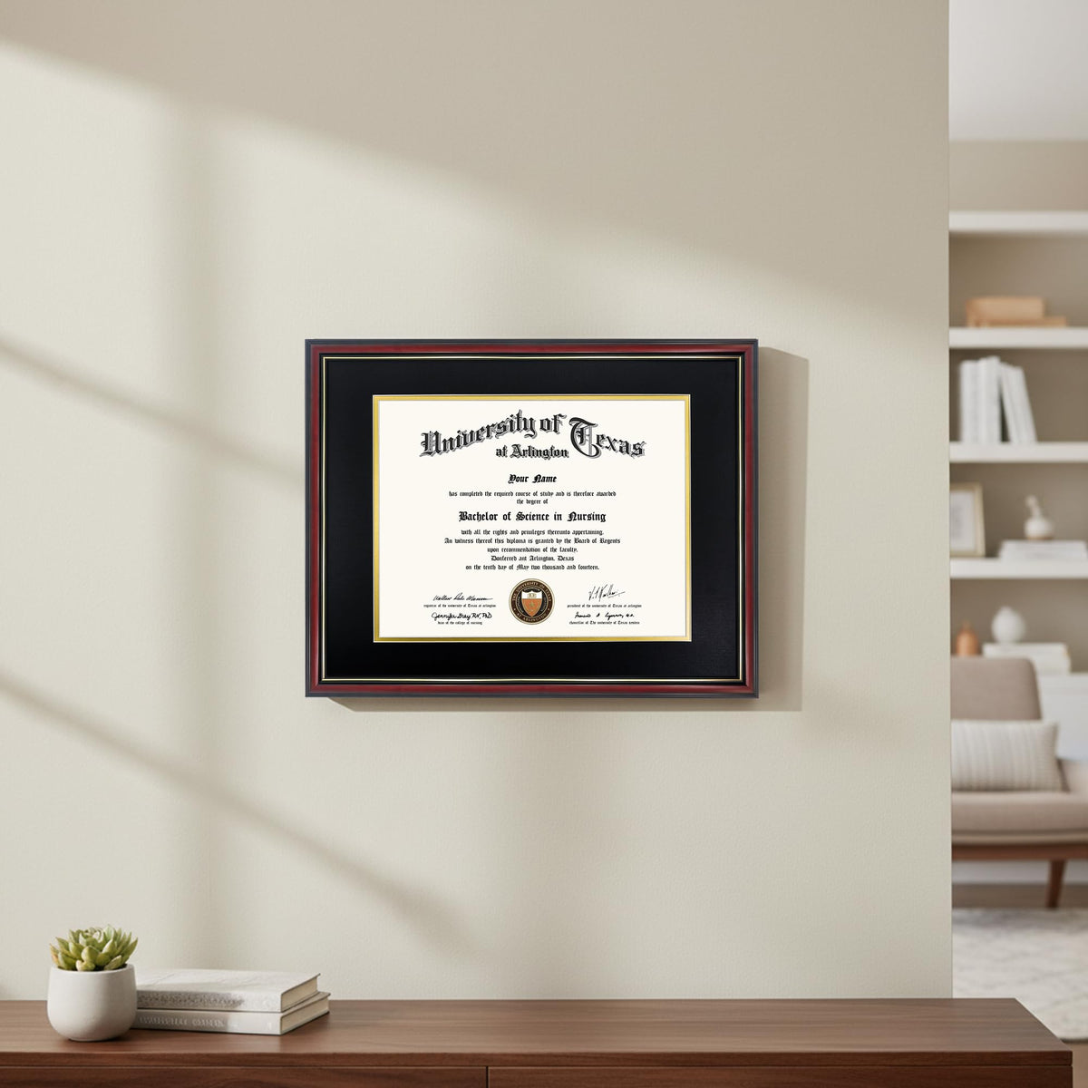 GraduationMall 12x15 Diploma Frame with Black over Gold Mat or Display 16x20 Certificate without Mat,Solid Wood & Tempered Glass,Cherry Finish with Gold Trim