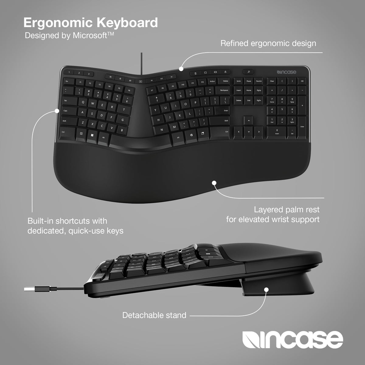Incase Ergonomic Keyboard – Designed by Microsoft – Refined Ergonomic Design, Built-in Shortcuts Keys, Layered Palm Rest for Elevated Wrist Support, Integrated Number Pad – Black