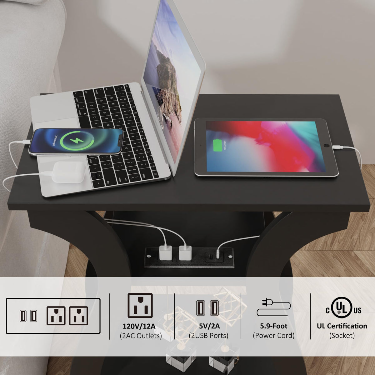 FROMJBEST End Table with Charging Station, Side Table with USB Ports and Outlets, Nightstand, 3 Tier End Table with Storage Shelf for Living Room, Bedroom (Black)
