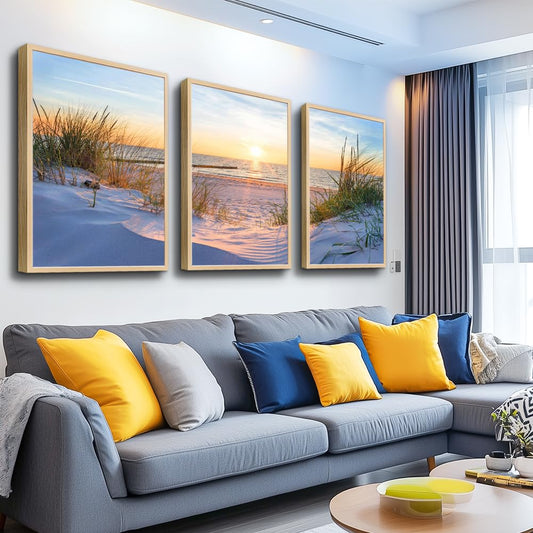 Natural Wood Framed Wall Art - Set Of 3 Piece Framed Art Prints For Living Room, Bedroom, Office Wall Decor - Blue Beach Seascape Paintings Home Decor