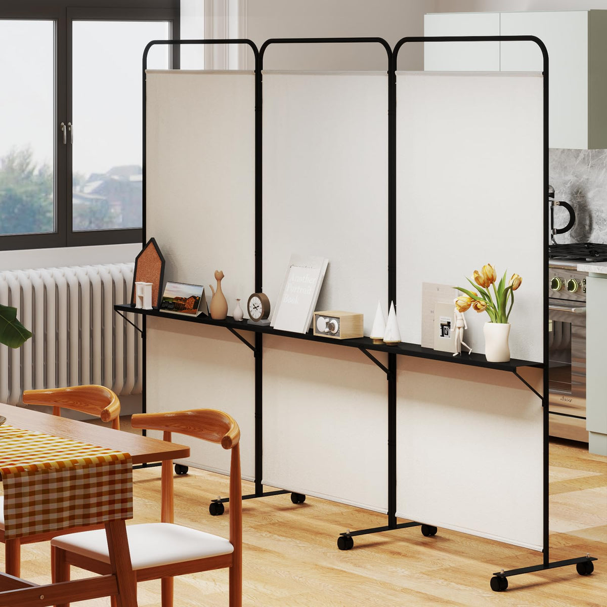 Giantex 3 Panel Room Divider with Wheels and Shelves, 103" W x 74" H Folding Privacy Screen, Rolling Partition Separator for Home Office Studio, Fabric Wall Divider for Room Separation (Beige)