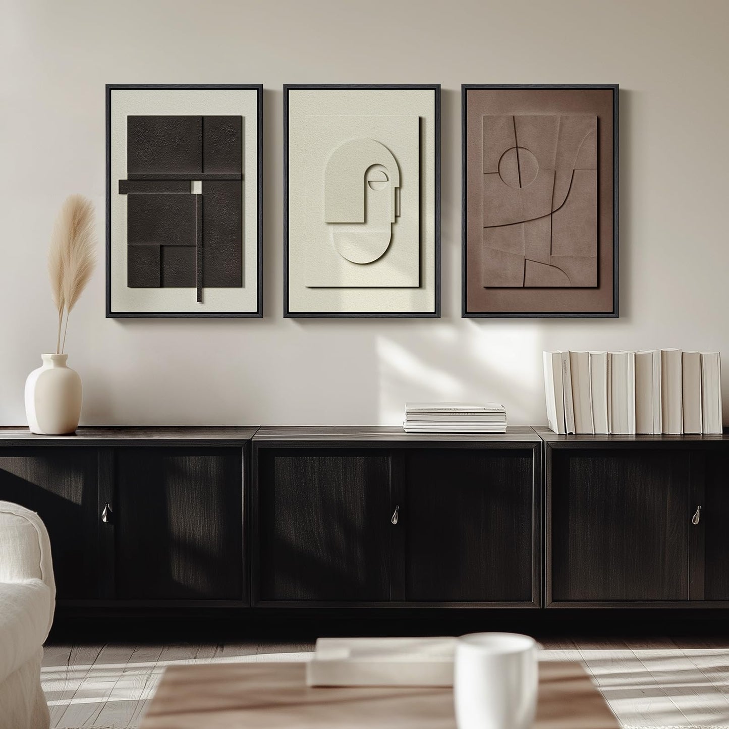 3D Textured Framed Abstract Wall Art, 3 Piece Modern Paintings Artwork for Walls, Black White Brown Geometric Sandstone Texture Pictures for Living Room Dining Room Bedroom Office Wall Decor 16x24 In