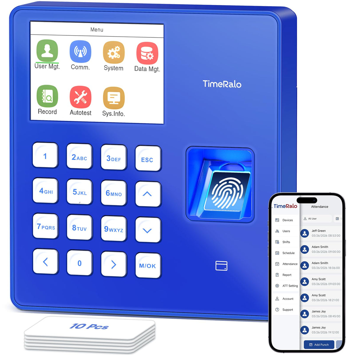 TimeRalo Cloud-Based Time Clock for Small Businesses, 3-in-1 Fingerprint Attendance System with Smart Scheduling, Overtime & Lunch Rules, 2.4GHz WiFi, Auto Reports, No Monthly Fees (with 10 ID Cards)