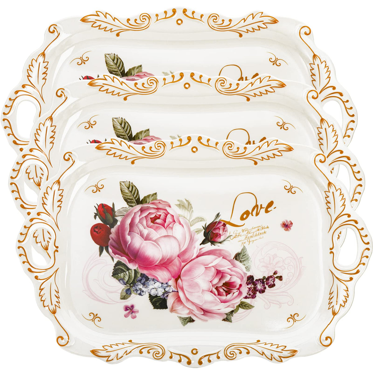 DEAYOU 3-Pack Melamine Serving Tray, Stackable Food Tray with Handles for Eating, Unbreakable Large Serving Platter with Floral Print for Gift, Party, Decor, Home, Restaurant, 16"L x 11"W, Rectangle