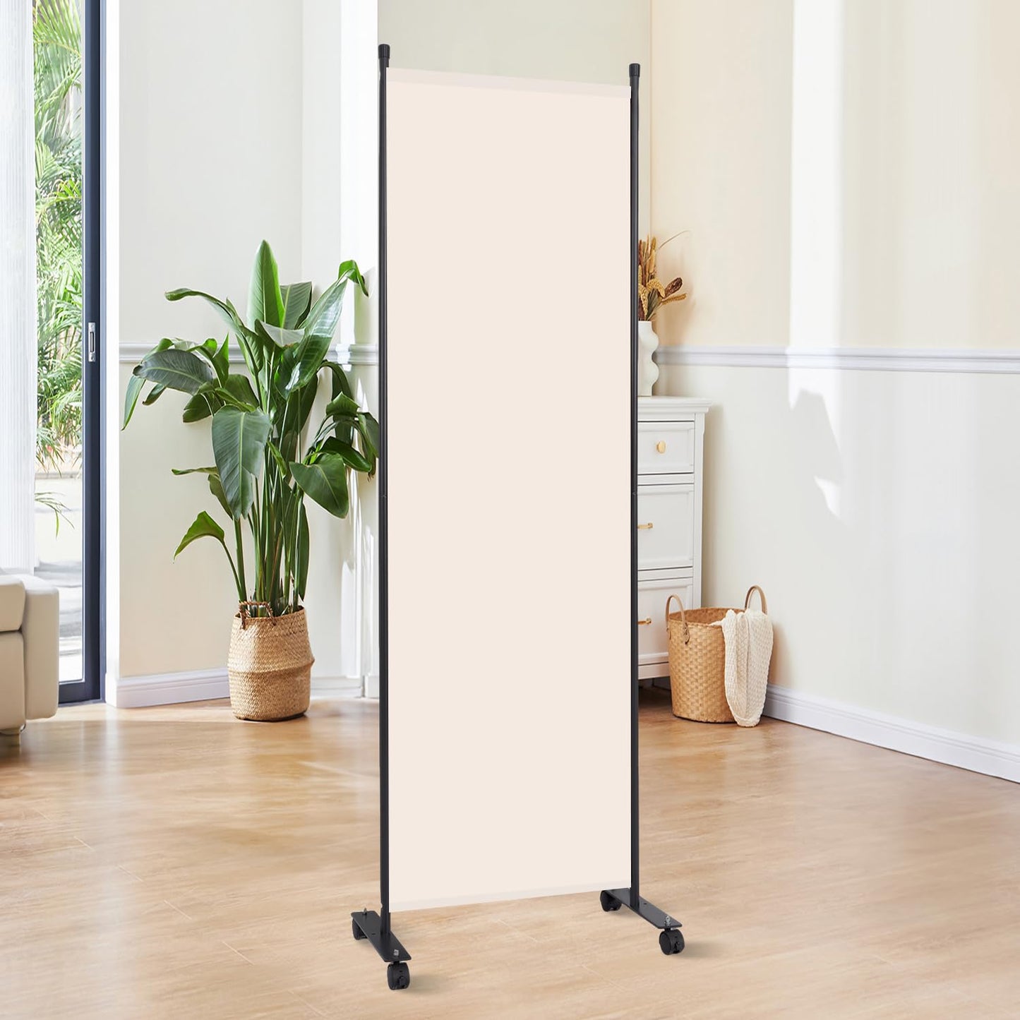 Room Divider 6FT Room Partition with Lockable Wheels, (Thicked Metal Base) Room Dividers, Freestanding Indoor Folding Privacy Screens, Portable Fabric Wall Divider for (Beige, 21.5"- 1 Panel)