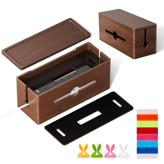 HomeBliss Extra Large Cable Management Box – Brown Double Layer Wooden Cord Organizer with Divider for Desk, TV Stand, Kitchen, and Office （NO Power Strips or Chargers）