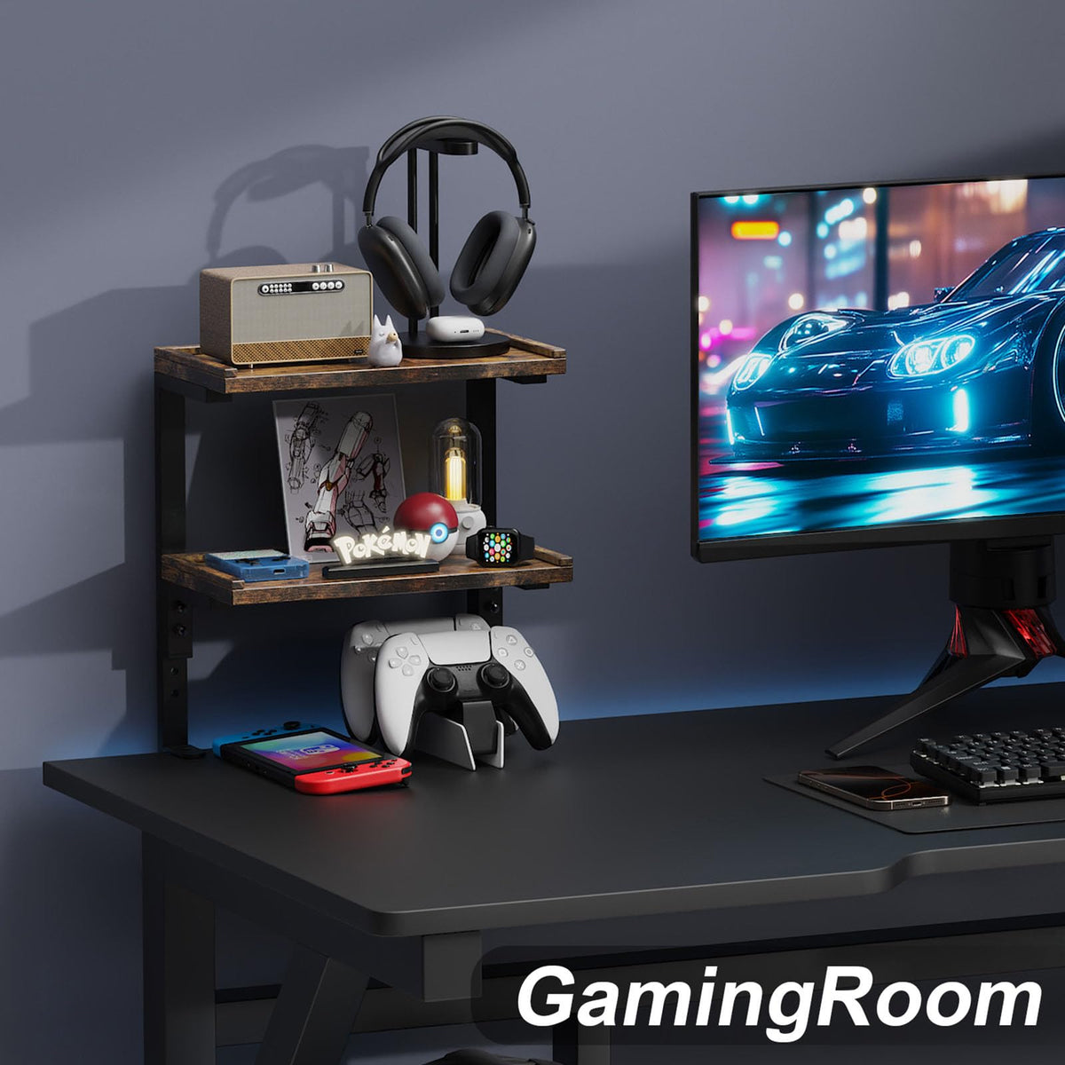 OUTIOE 2-Tier Desk Shelf, Expandable Under Desk Storage, Clamp on Desk Shelf, Desktop Accessories for Offices, Study Rooms, and Game Rooms (Wood)