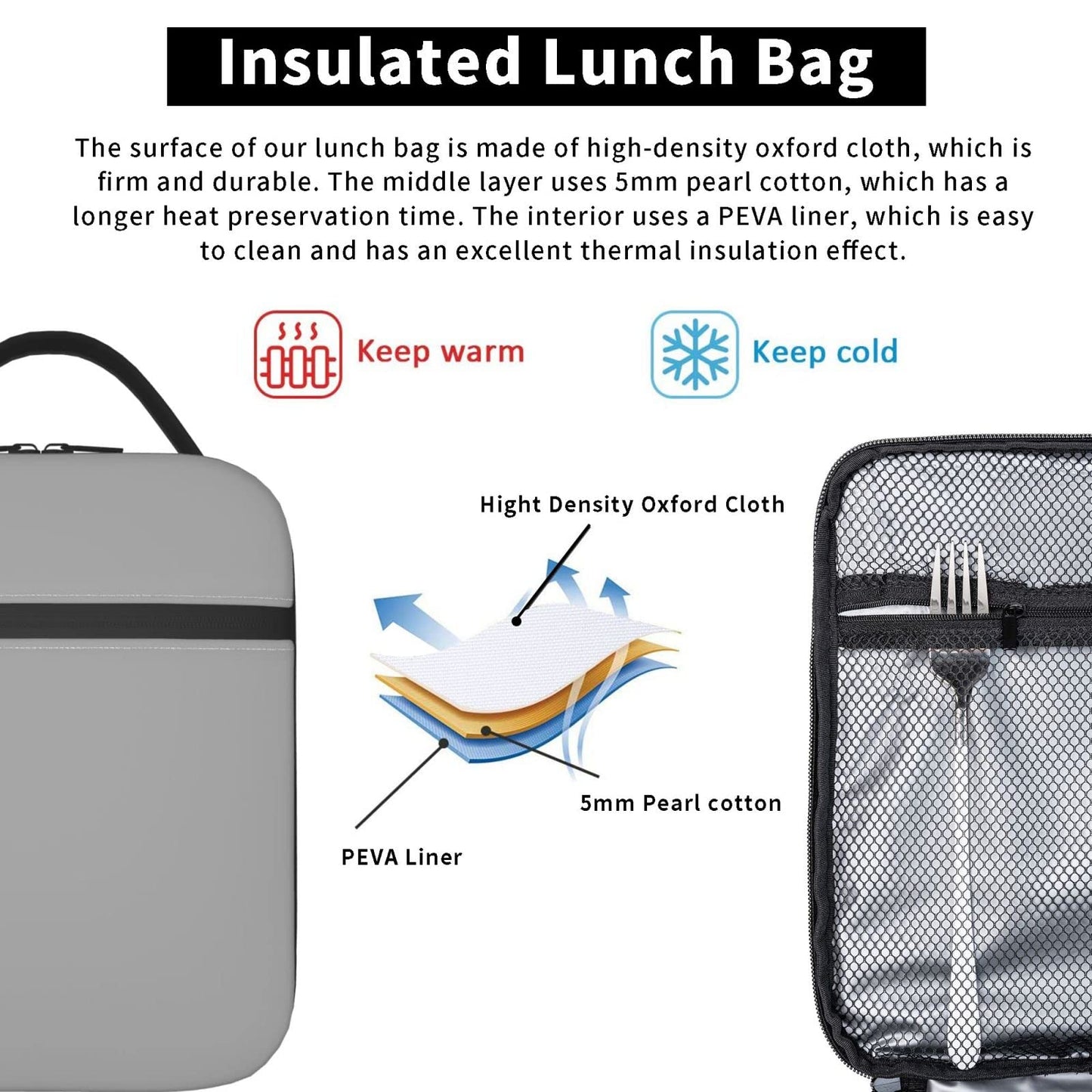 Lhdlnn Gray Lunch Bag Women Men Insulated Grey Lunch Box Reusable Large Cooler Tote Adults with Bottle Holder for Work Office Picnic